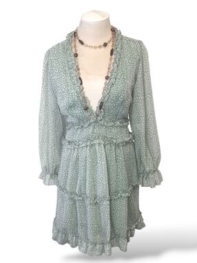 Sage Green Open-Back Ruffle Tiered V-Neck Dress